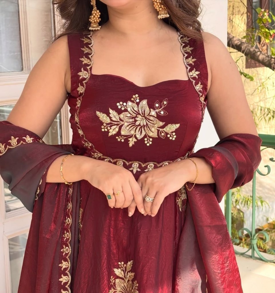 Anarkali Gown with Sequence Embroidery Sleeveless Maroon Silk