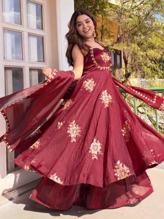 Anarkali Gown with Sequence Embroidery Sleeveless Maroon Silk