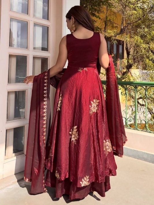 Anarkali Gown with Sequence Embroidery Sleeveless Maroon Silk – view 6