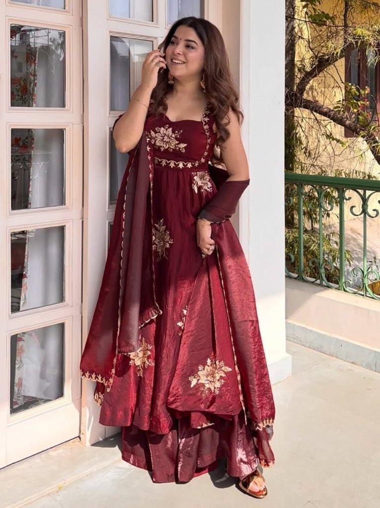 Anarkali Gown with Sequence Embroidery Sleeveless Maroon Silk