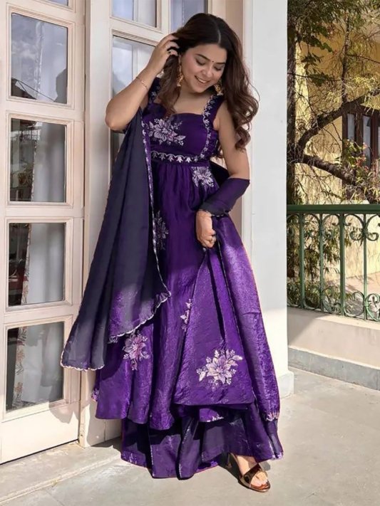 Anarkali Gown with Sequence Embroidery Sleeveless Maroon Silk – view 10