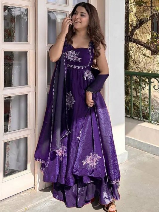 Anarkali Gown with Sequence Embroidery Sleeveless Maroon Silk – view 11