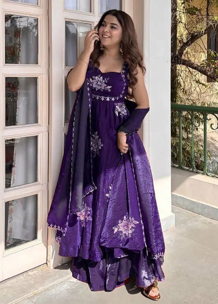 Anarkali Gown with Sequence Embroidery Sleeveless Maroon Silk