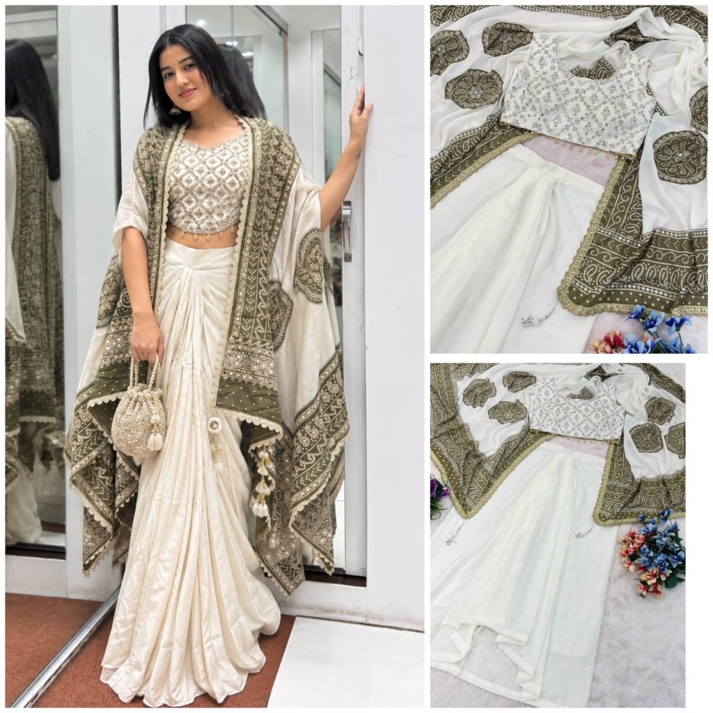 Designer Green & White Embroidered Draped Saree with Blouse