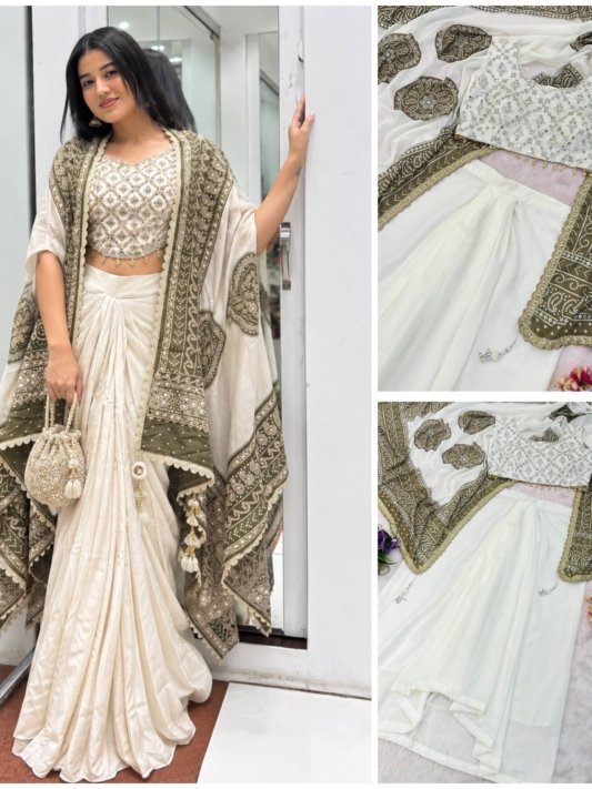 Designer Green & White Embroidered Draped Saree with Blouse