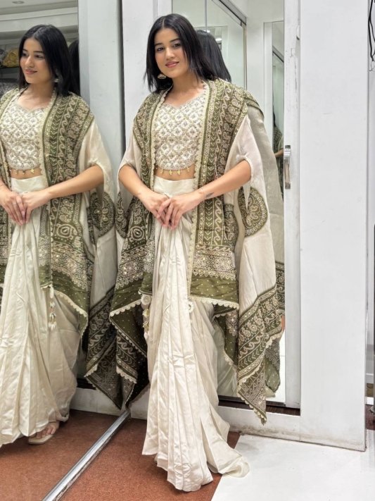 Designer Green & White Embroidered Draped Saree with Blouse