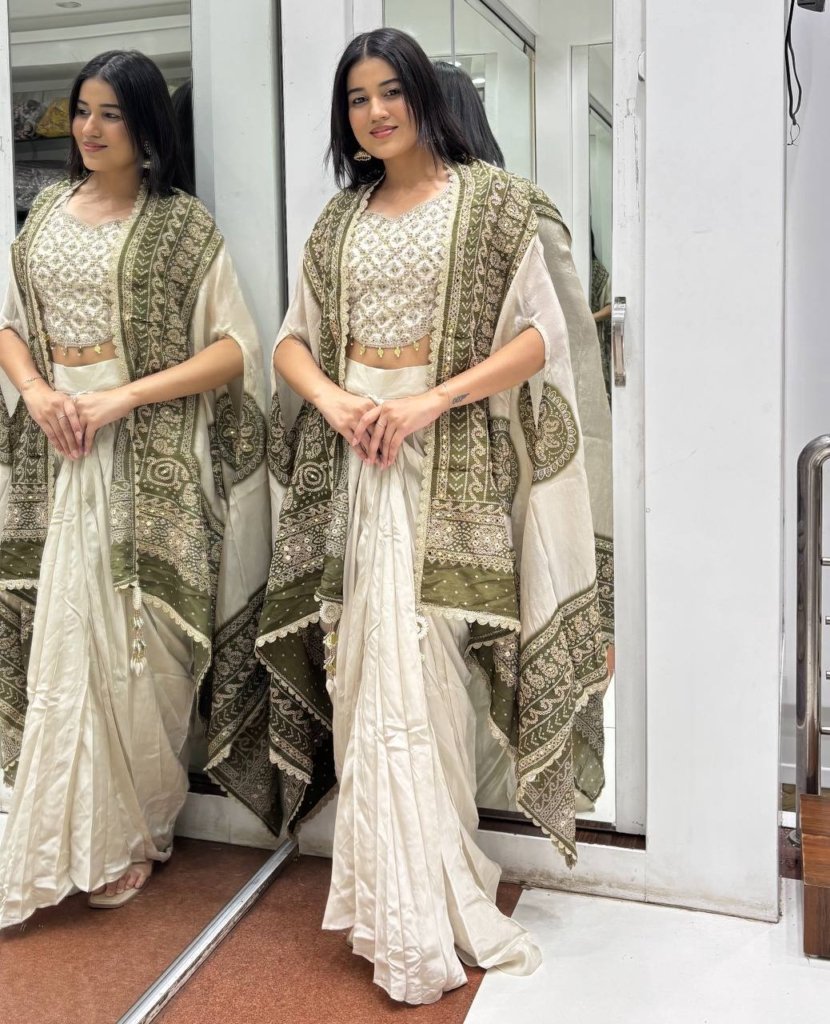 Designer Green & White Embroidered Draped Saree with Blouse