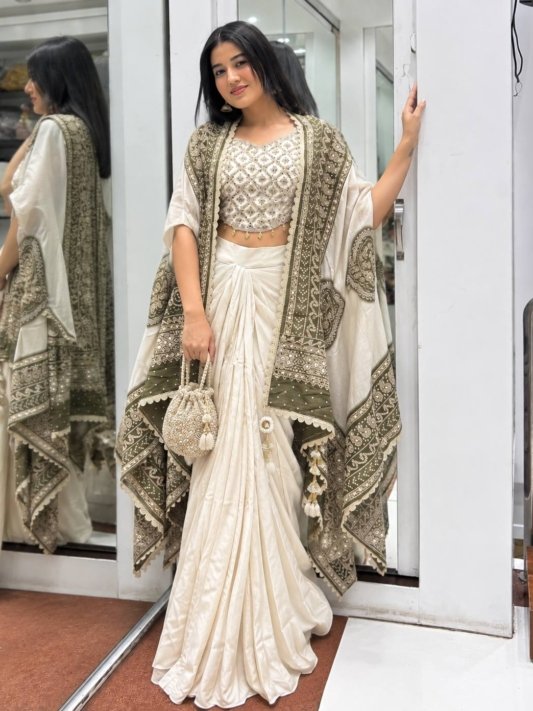 Designer Green & White Embroidered Draped Saree with Blouse