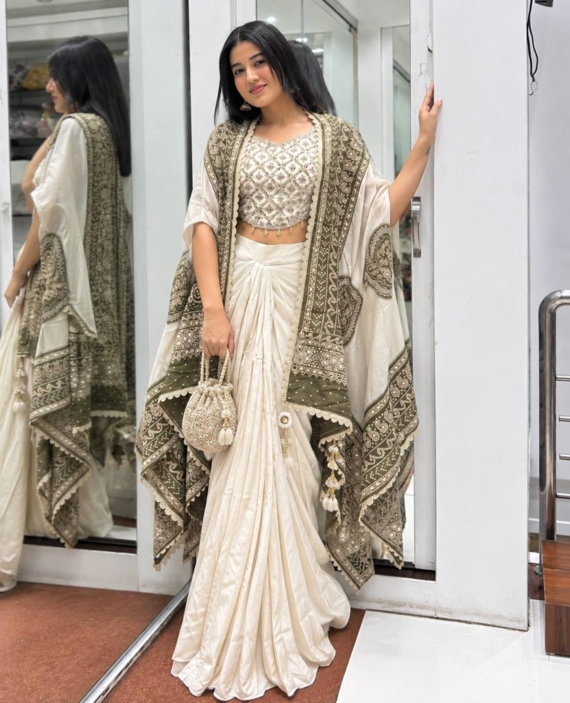 Designer Green & White Embroidered Draped Saree with Blouse