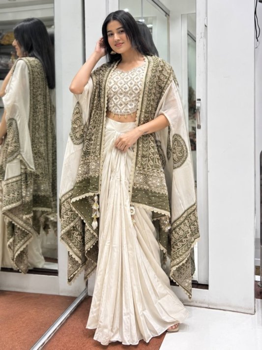 Designer Green & White Embroidered Draped Saree with Blouse