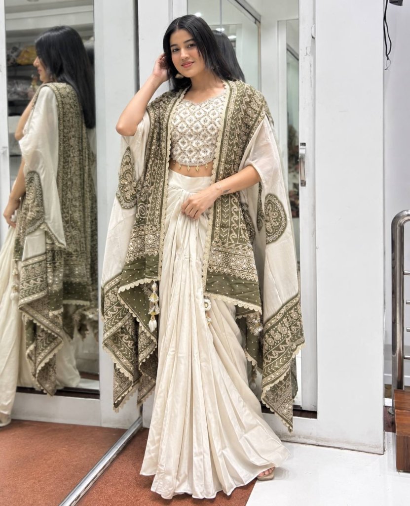 Designer Green & White Embroidered Draped Saree with Blouse