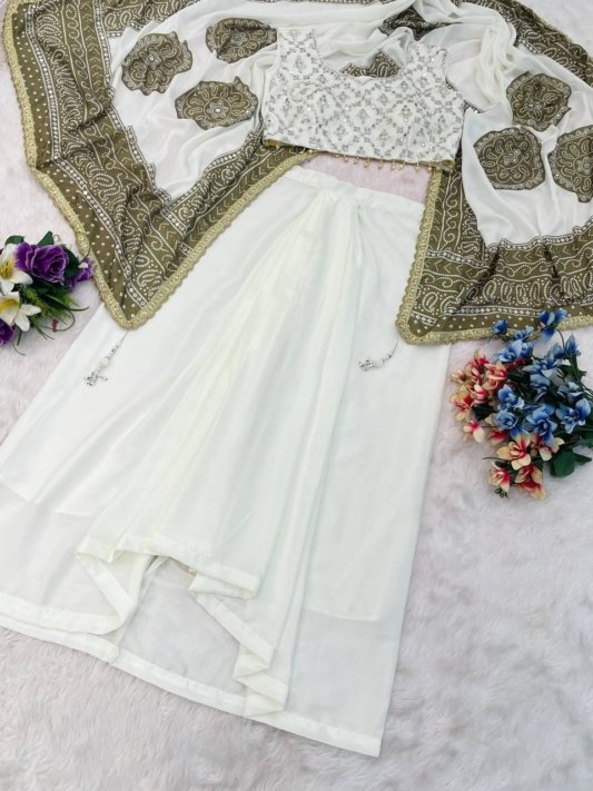Designer Green & White Embroidered Draped Saree with Blouse