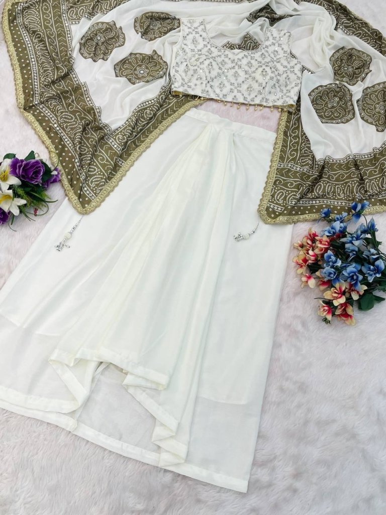 Designer Green & White Embroidered Draped Saree with Blouse