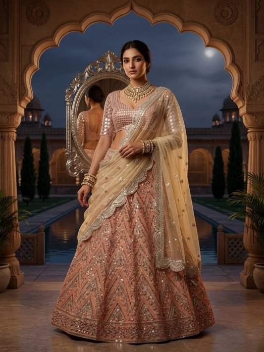 Blush Pink Geometric Mirror Work Premium Designer Lehenga Choli – view 6