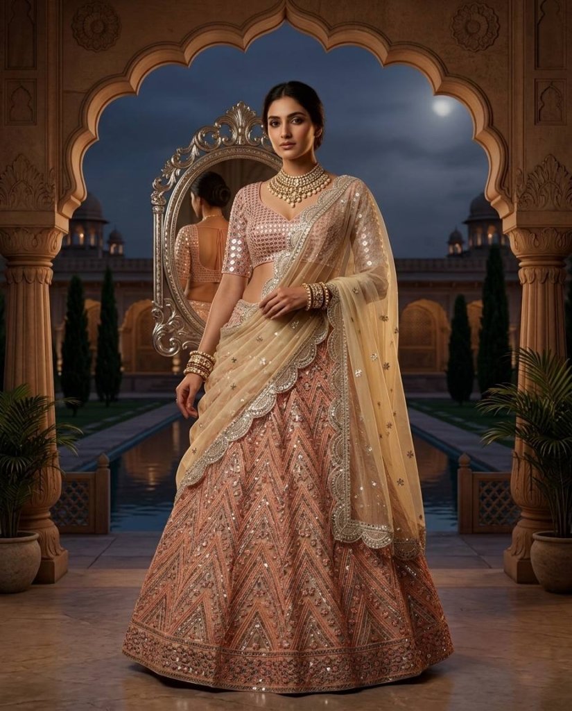 Blush Pink Geometric Mirror Work Premium Designer Lehenga Choli