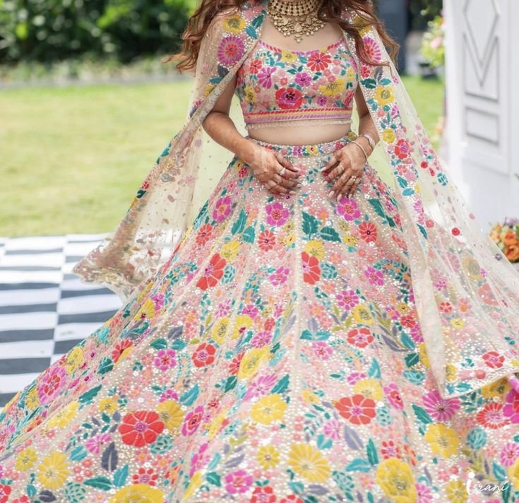 Wedding Wear Heavy Multi Color Georgette Thread Work Lehenga Choli