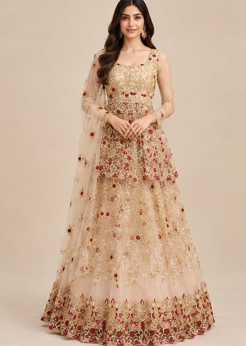 Peach Orange Net Embroidery Designer Wedding Wear Exclusive Lehenga Collection