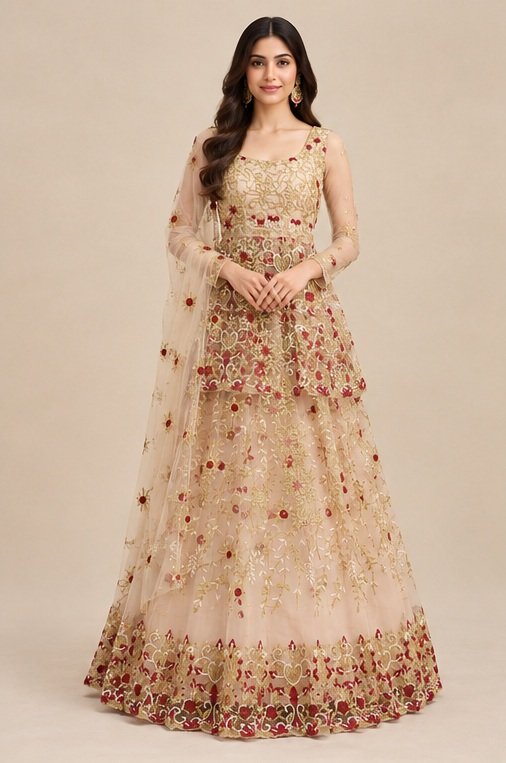 Peach Orange Net Embroidery Designer Wedding Wear Exclusive Lehenga Collection