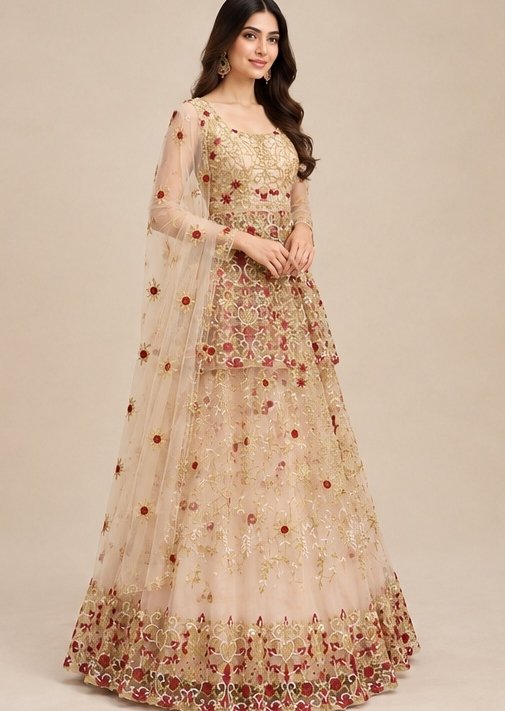 Peach Orange Net Embroidery Designer Wedding Wear Exclusive Lehenga Collection