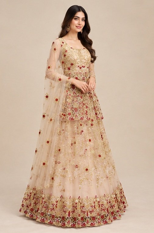 Peach Orange Net Embroidery Designer Wedding Wear Exclusive Lehenga Collection