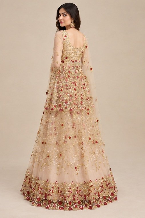 Peach Orange Net Embroidery Designer Wedding Wear Exclusive Lehenga Collection