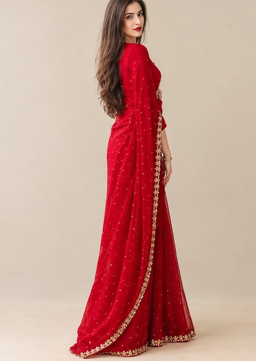 Graceful Red Silk Saree With Heavy Beads And Sequence Work For Party Wear