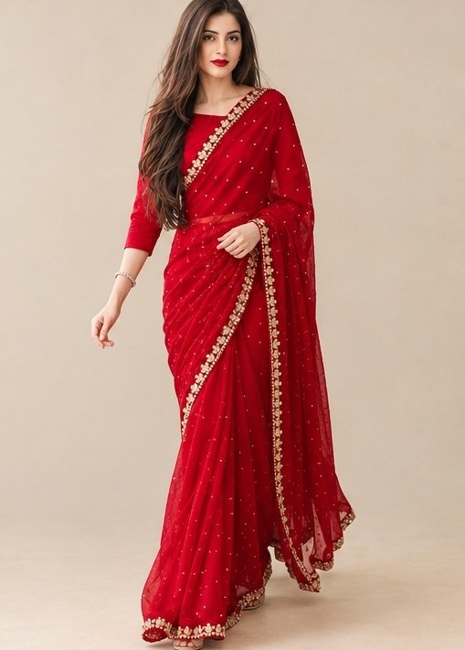 Graceful Red Silk Saree With Heavy Beads And Sequence Work For Party Wear