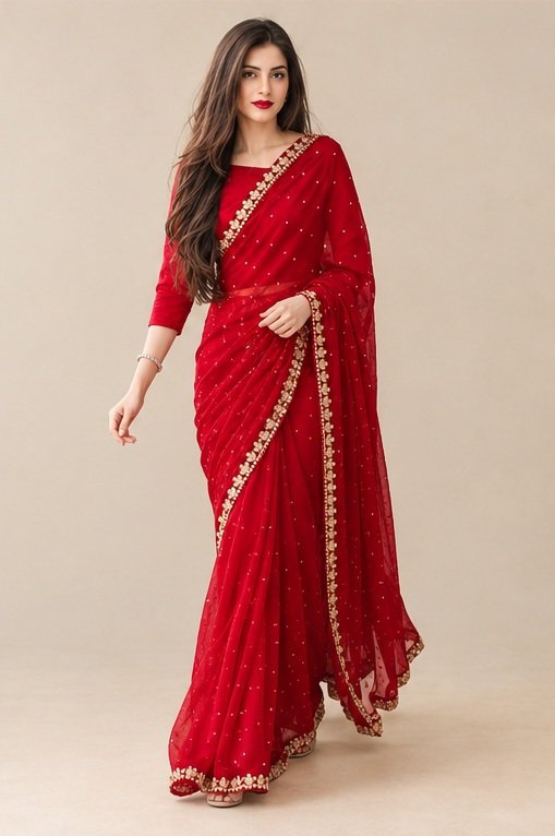 Graceful Red Silk Saree With Heavy Beads And Sequence Work For Party Wear