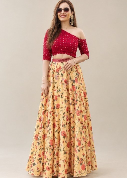 Orange Party Wear Crop Top Lehenga Choli