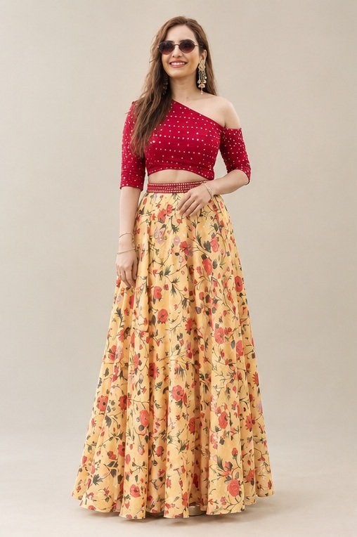 Orange Party Wear Crop Top Lehenga Choli