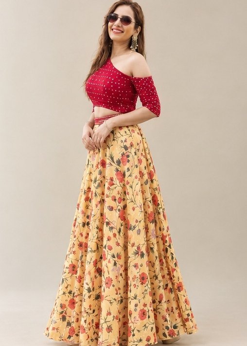 Orange Party Wear Crop Top Lehenga Choli
