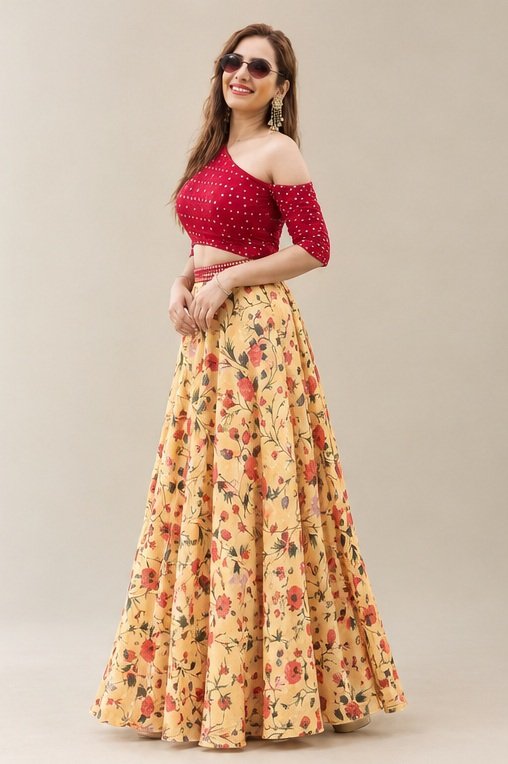 Orange Party Wear Crop Top Lehenga Choli