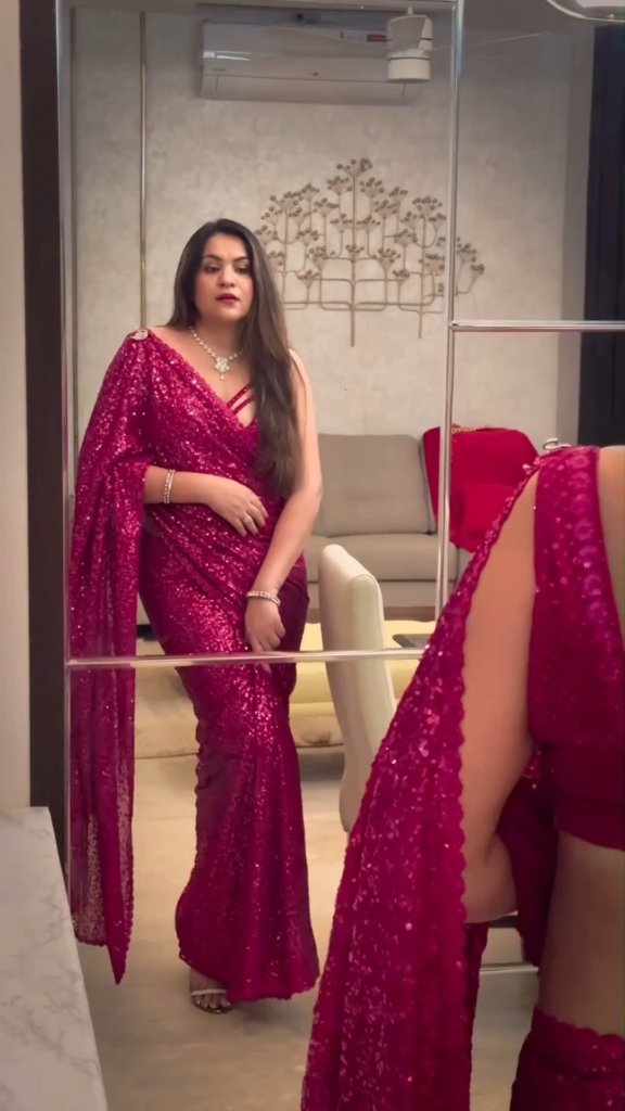 Isha Ambani Sabyasachi Pink Sequins Georgette Party Wear Saree With Blouse