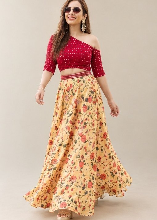 Orange Party Wear Crop Top Lehenga Choli