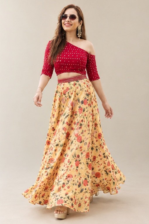 Orange Party Wear Crop Top Lehenga Choli