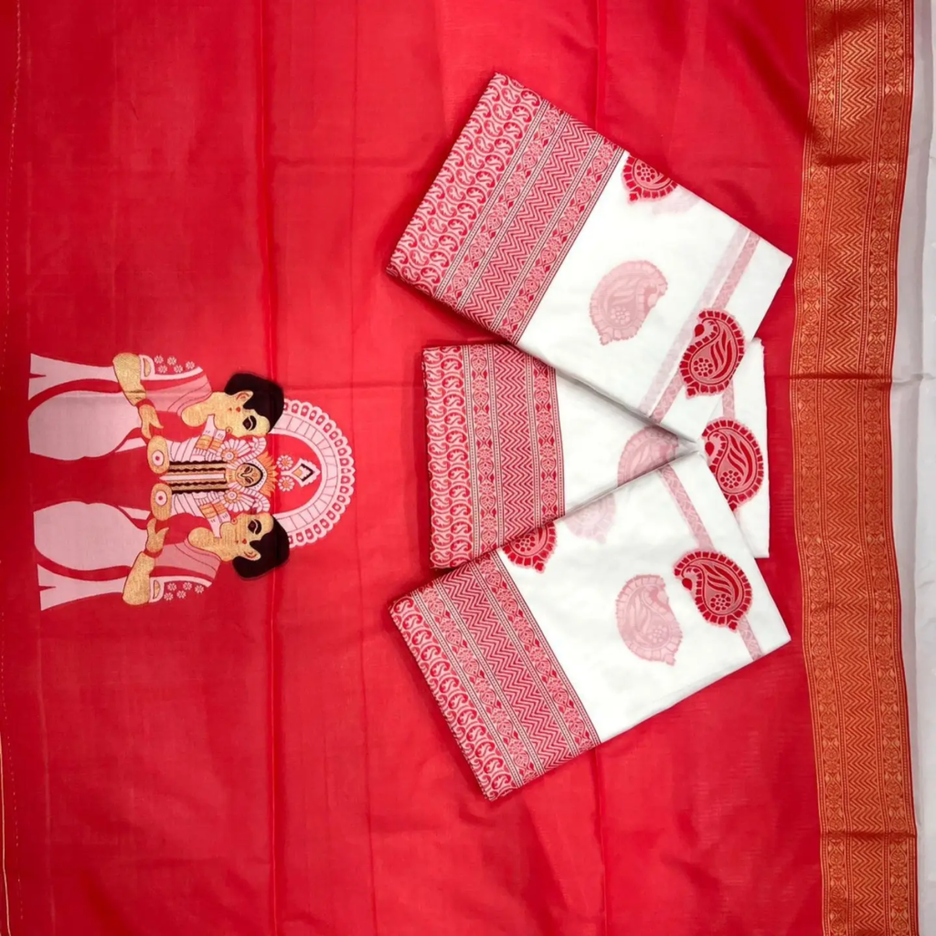Durga Puja Saree Special Red & White Pure Linen Silk