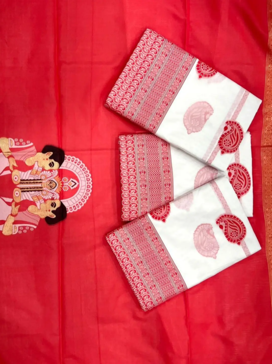 Durga Puja Saree Special Red & White Pure Linen Silk