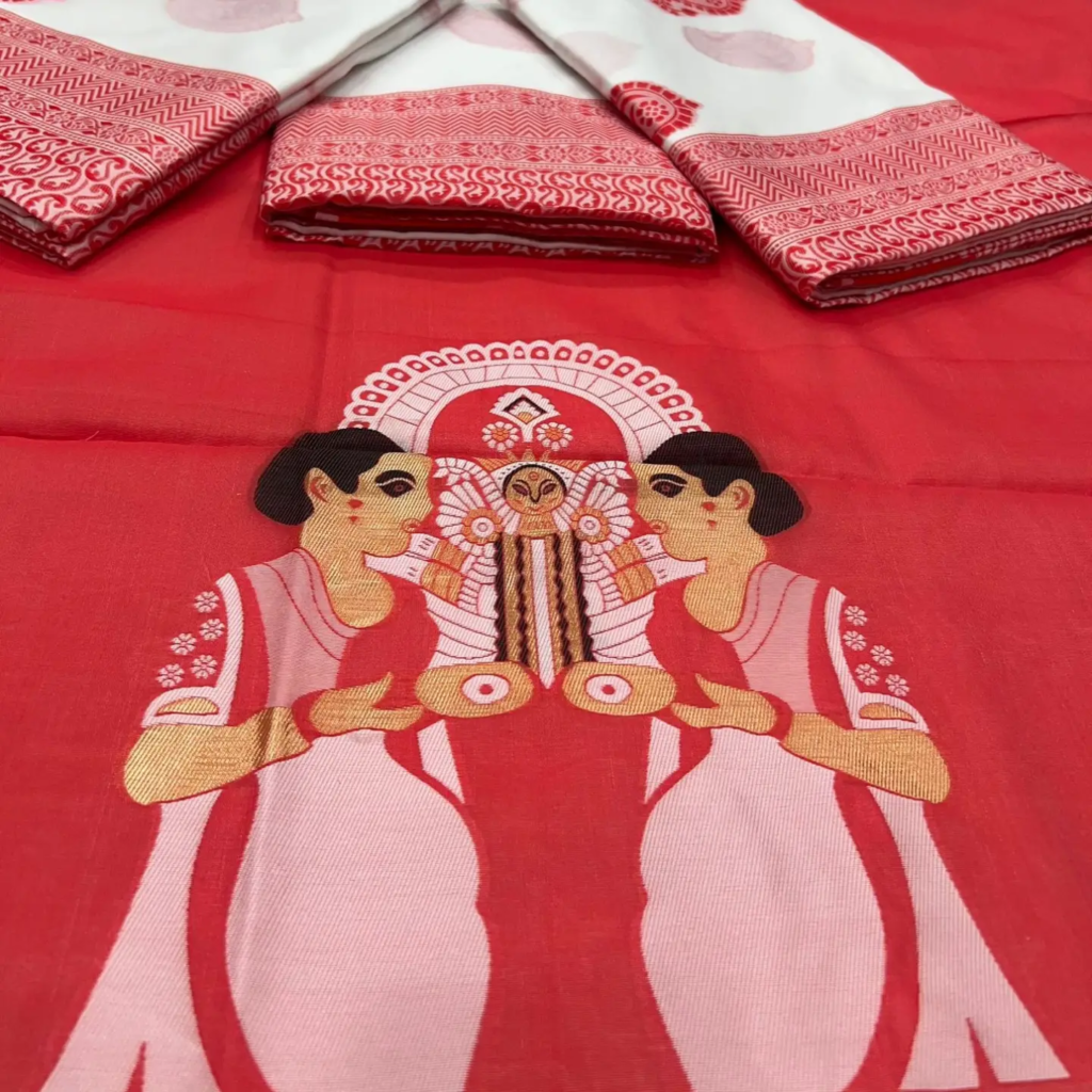 Durga Puja Saree Special Red & White Pure Linen Silk