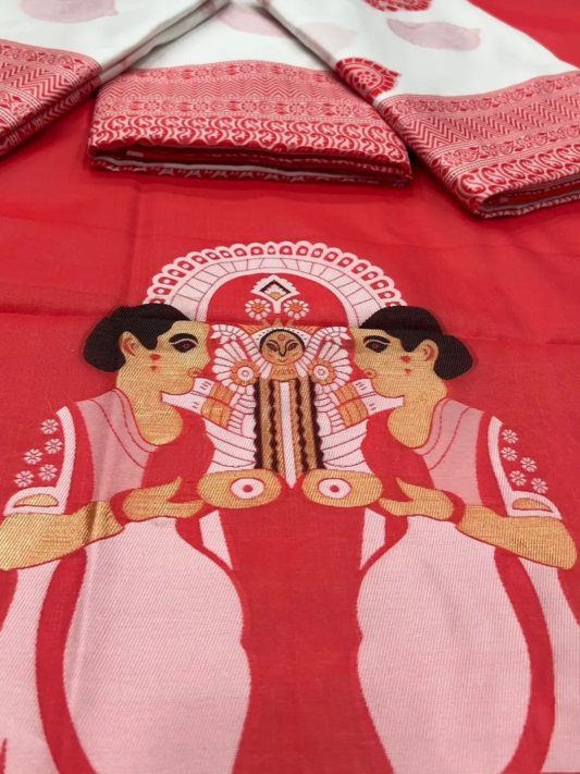 Durga Puja Saree Special Red & White Pure Linen Silk