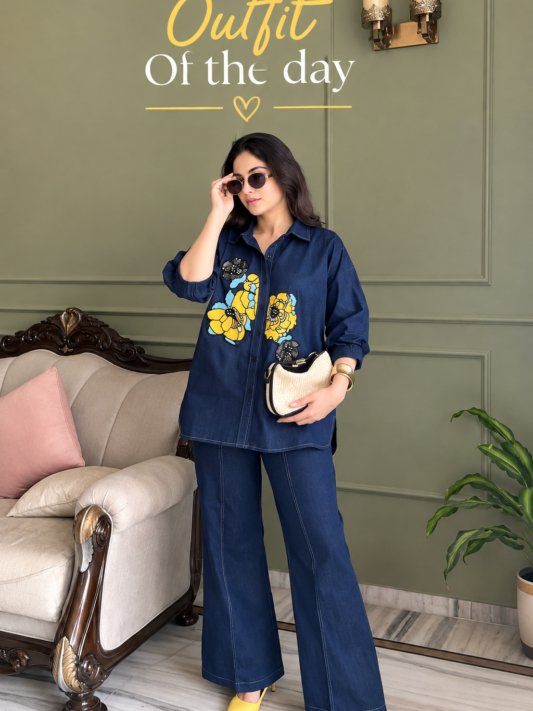 Soft Denim Co-Ord Set With Elegant Floral Embroidery