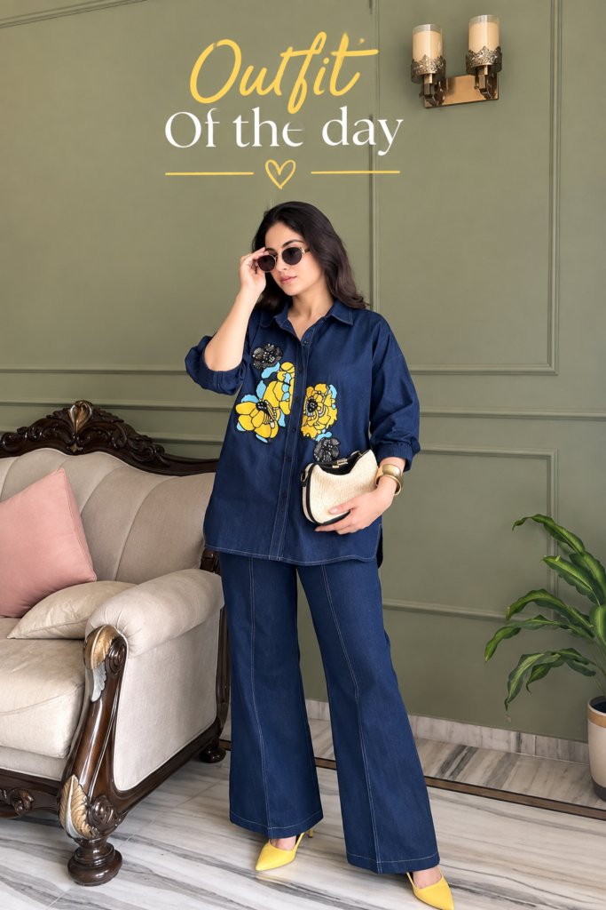 Soft Denim Co-Ord Set With Elegant Floral Embroidery
