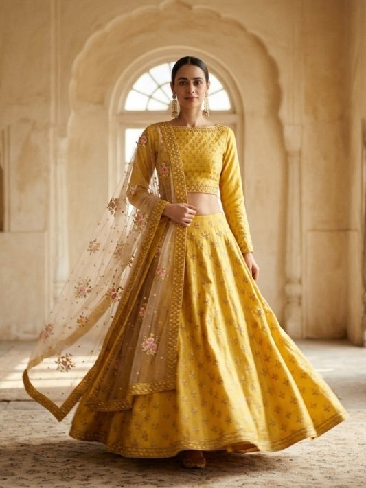 Haldi Rasam Lehenga Set With Zardosi Sequins Choli And Dupatta