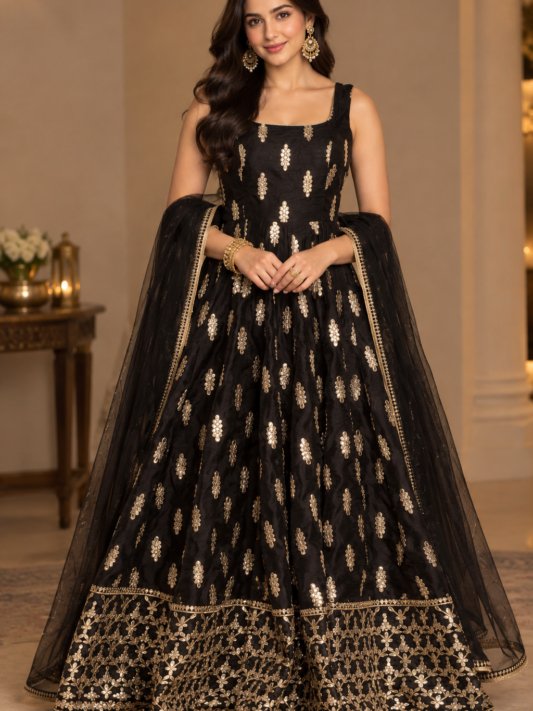 Royal Pretty Black Color Design Silk Gown