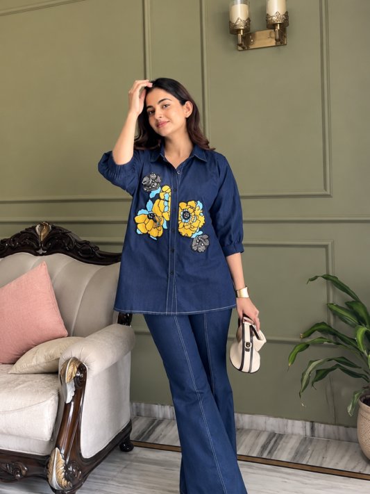 Soft Denim Co-Ord Set With Elegant Floral Embroidery