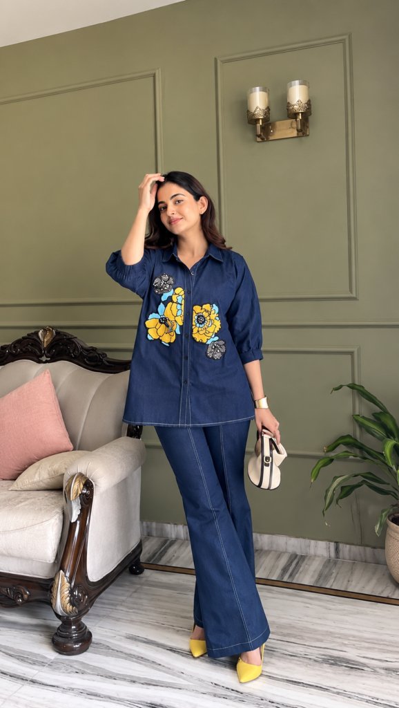 Soft Denim Co-Ord Set With Elegant Floral Embroidery