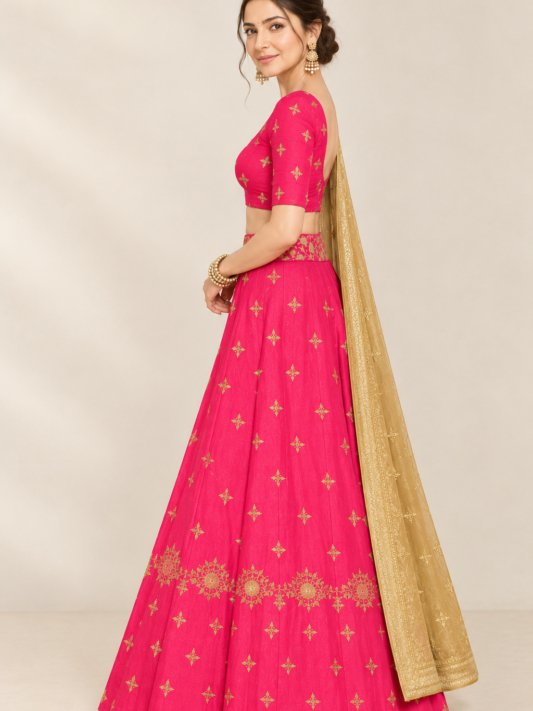 Royal Fuchsia Pink Lehenga Choli with Golden Zari Embroidered Dupatta