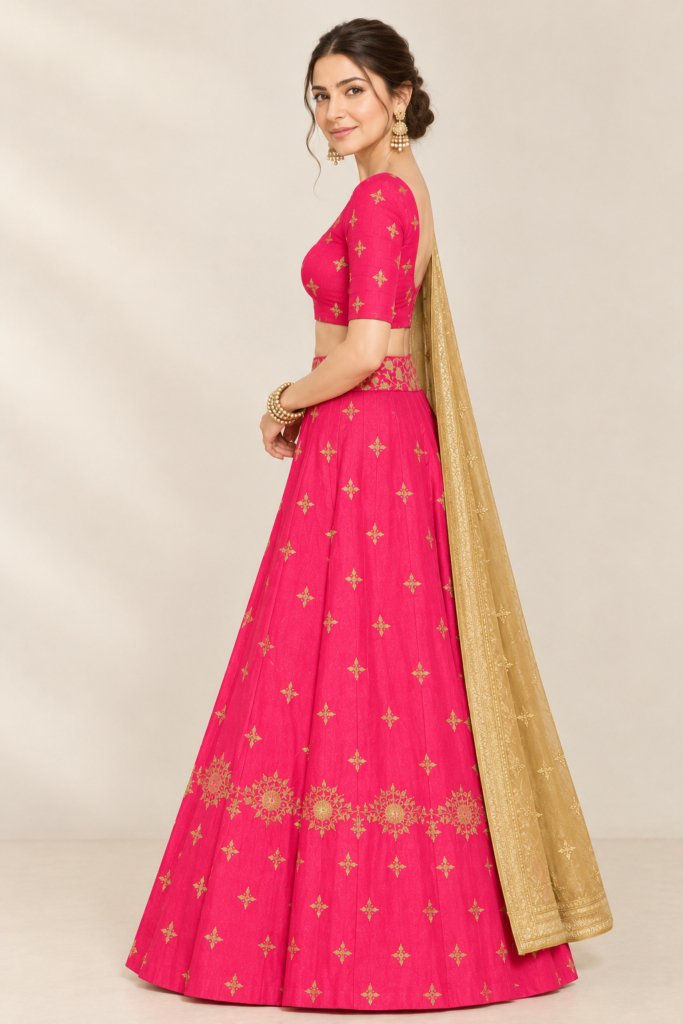 Royal Fuchsia Pink Lehenga Choli with Golden Zari Embroidered Dupatta