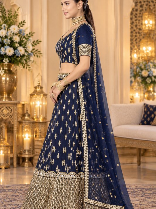 Navy Blue & Gold-Toned Embroidered Semi-Stitched Lehenga & Unstitched Blouse With Dupatta – view 7