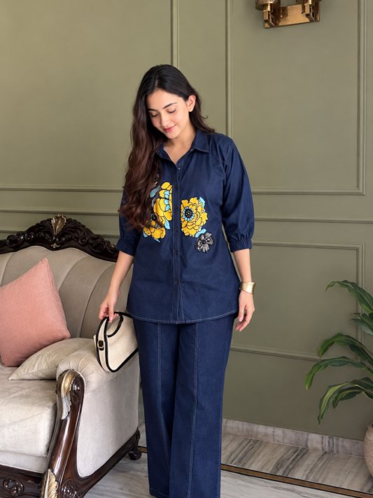 Soft Denim Co-Ord Set With Elegant Floral Embroidery