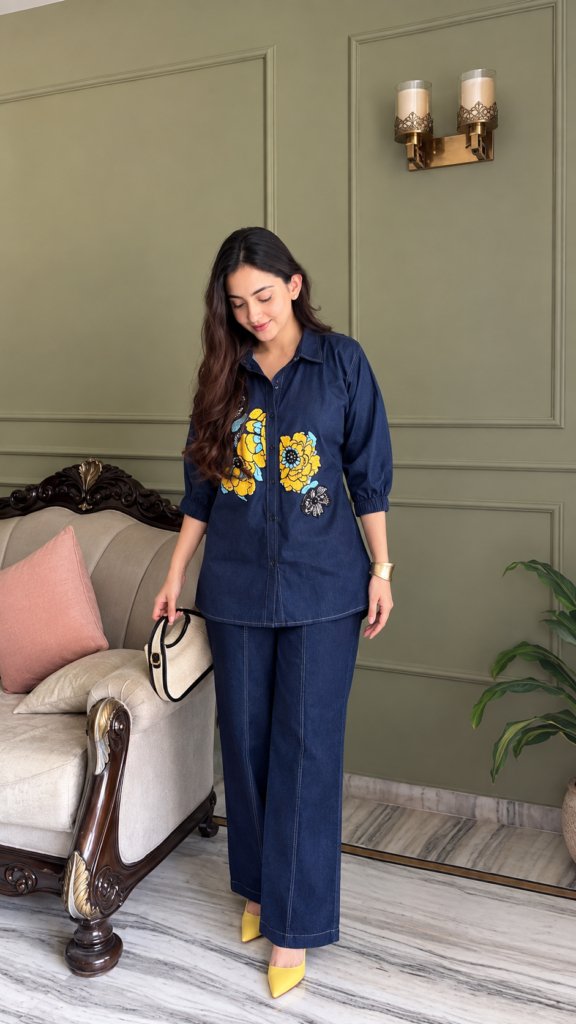 Soft Denim Co-Ord Set With Elegant Floral Embroidery